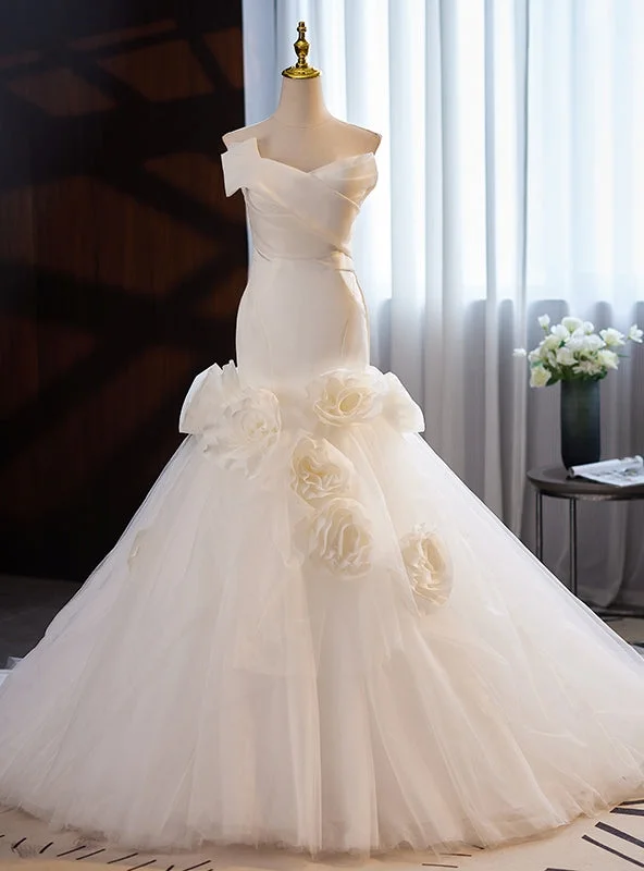 White Mermaid Tulle Flower Wedding Dress Satin Wedding Dress