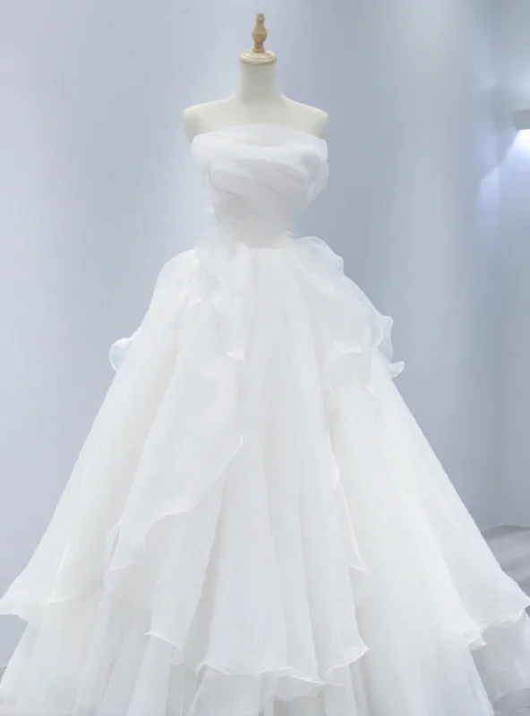 White Tulle Straples Pleats Wedding Dress Classic Bridal Gown