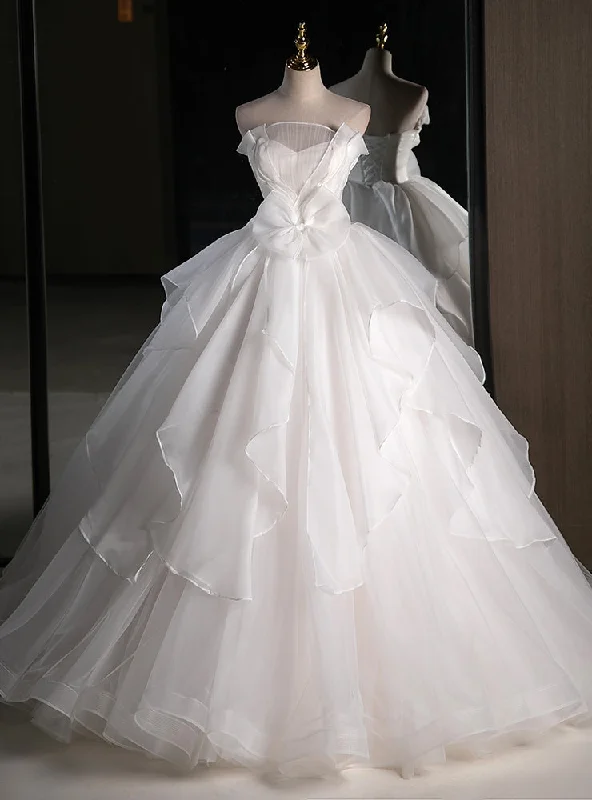 White Tulle Strapless Bow Wedding Dress Floral Bridal Gown