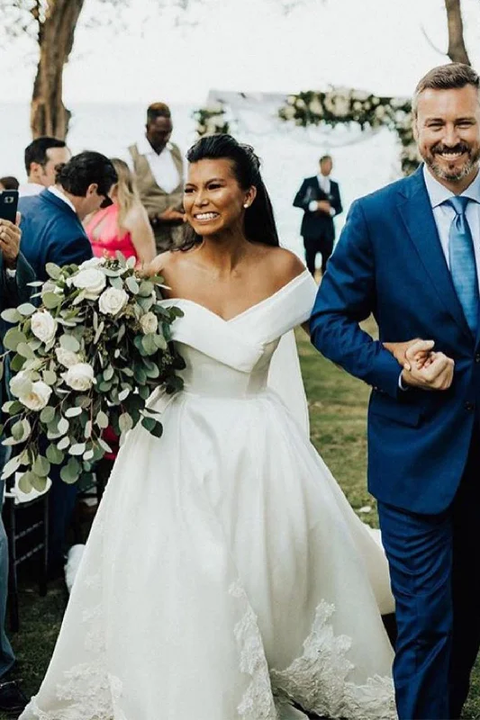 White V-Neck Off-the-Shoulder Ball Gown Wedding Dress with Lace Chic Bridal Gown