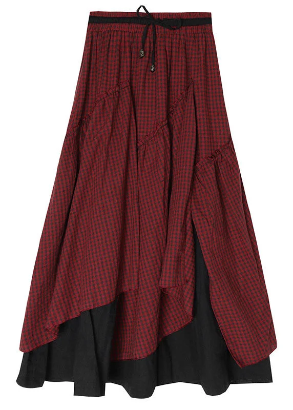 French Red drawstring Asymmetrical Patchwork Skirt Spring Stretchy unclassified skirts