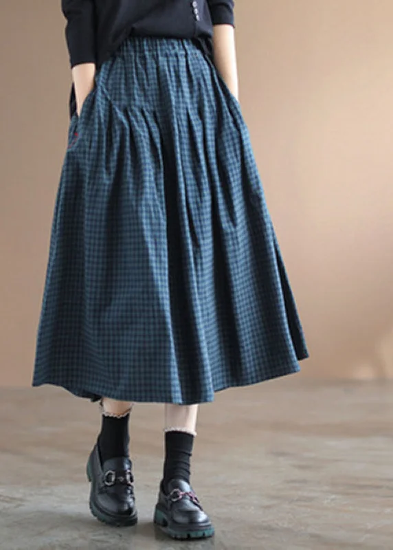 Handmade Blue Plaid Elastic Waist Pockets Fall Skirt Elegant unclassified skirts