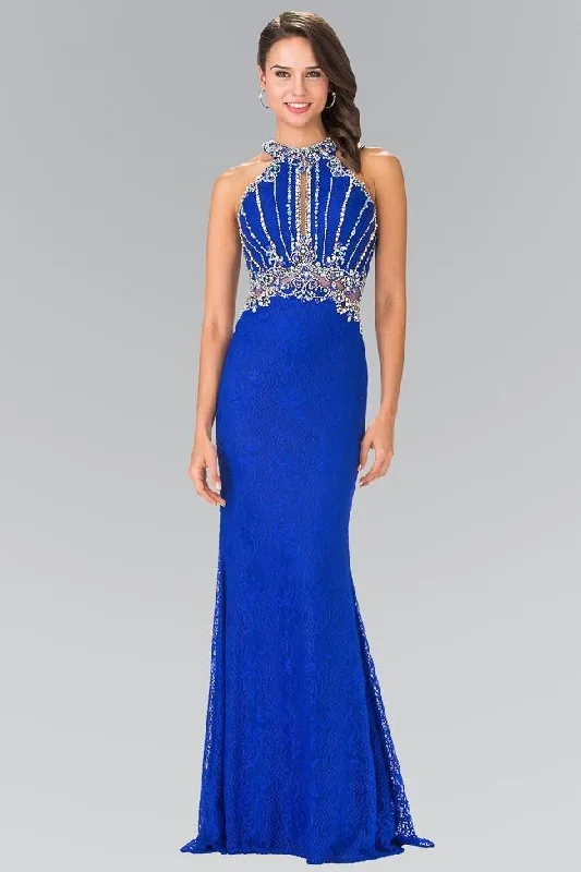 Elizabeth K GL2275 Halter Illusion Panel Long Gown in Royal Blue Edgy party dresses