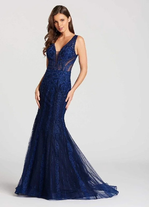 Ellie Wilde Embellished Illusion Bodice Sheath Gown - 1 pc Navy In Size 8 Available New Year's Eve party dresses