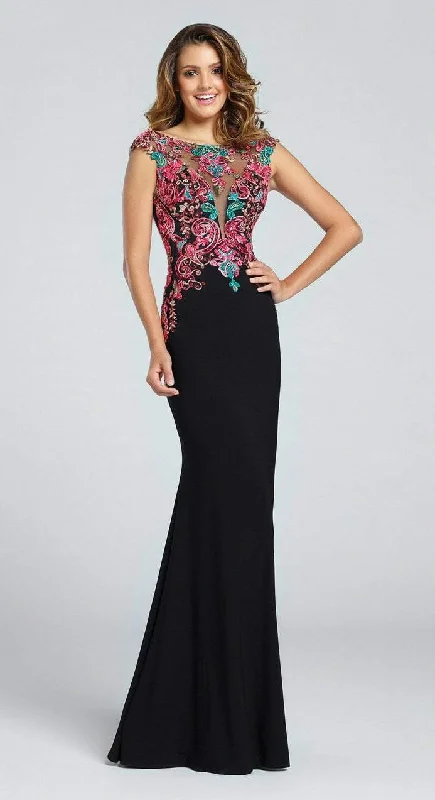 Ellie Wilde EW117054 Cap Sleeve Embroidered Illusion Long Gown - 1 pc Black/Multi In Size 4 Available Fashion Nova party dresses