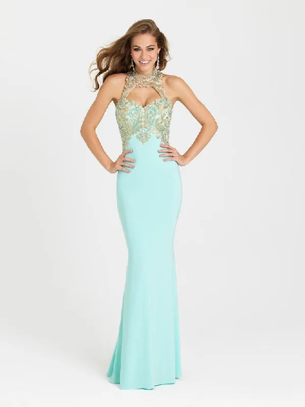 Madison James 16-396 Embroidered High Halter Neck Fitted Evening Gown 1Pc. Aqua in size 8 Available High-end party dresses