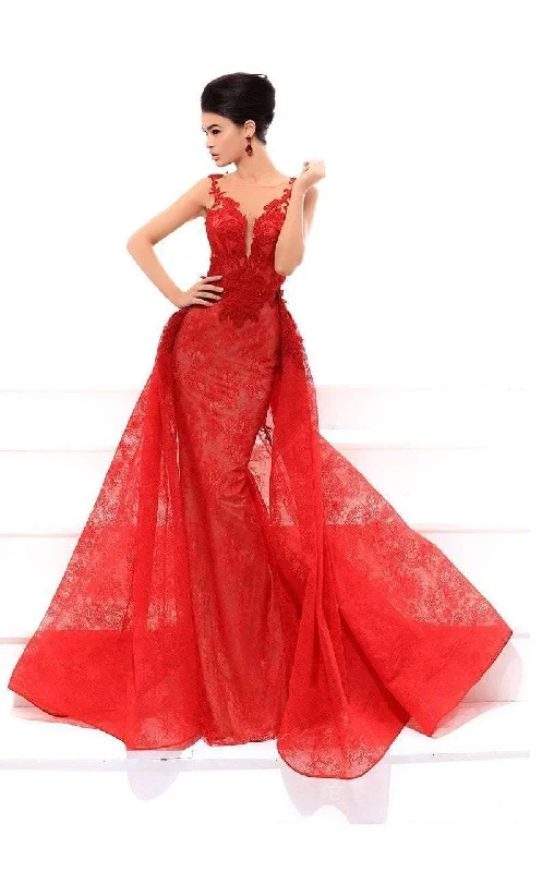 Tarik Ediz Plunging Illusion Applique Lace Overskirt Gown 93439 - 1 pc Red In Size 6 Available Cheap party dresses