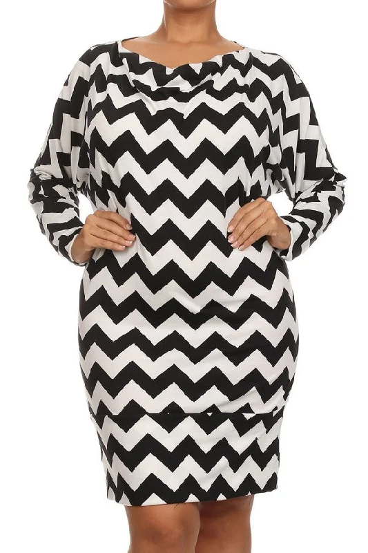 Dress Plus Chevron Black White Long Sleeve Cowl Neck Banded Hem Women Best value maxi dresses