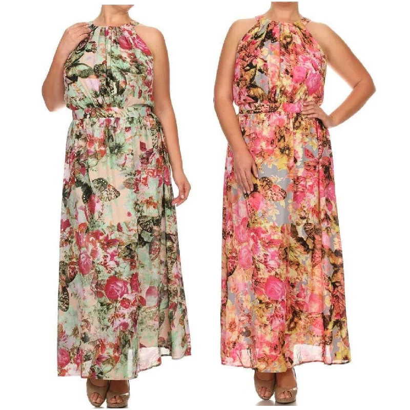 Plus Maxi Dress Chiffon Butterfly Floral Sleeveless Mock Neck Womens Expensive maxi dresses