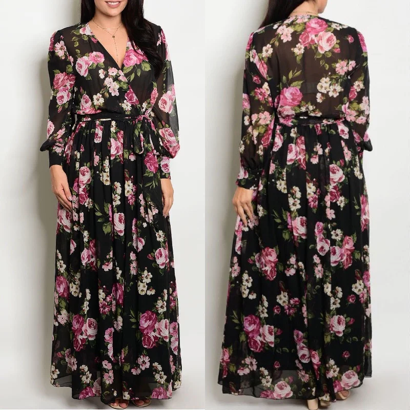 Plus Maxi Dress Floral Magenta Chiffon Sheer Wrap Print Long Sleeve Wrap Sweep Clubbing maxi dresses