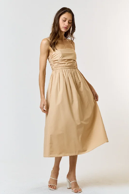 Beige Ruched Midi Dress Long sleeve midi dresses