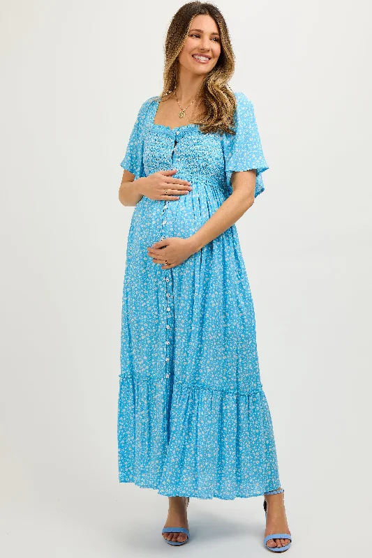 Blue Floral Button Front Maternity Midi Dress Urban Outfitters midi dresses