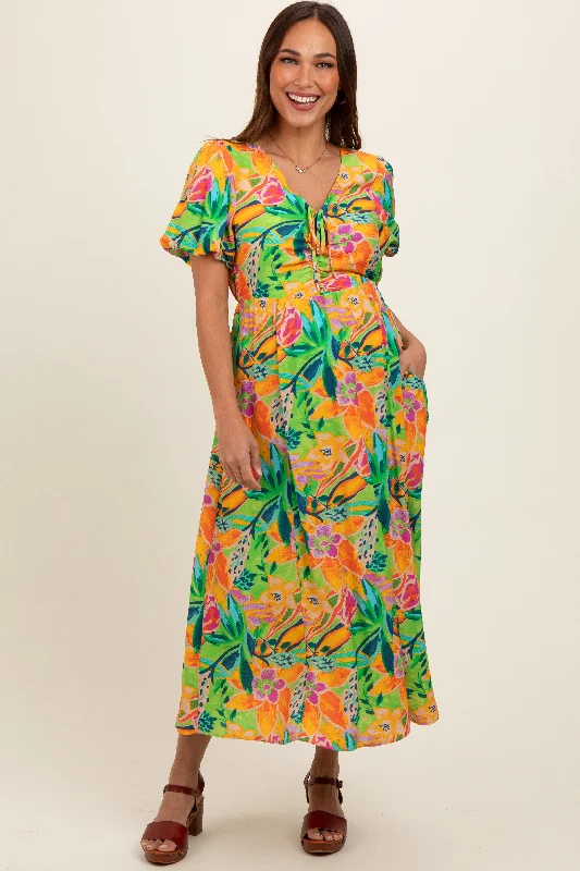 Lime Floral Puff Sleeve Maternity Midi Dress Versatile midi dresses for all occasions