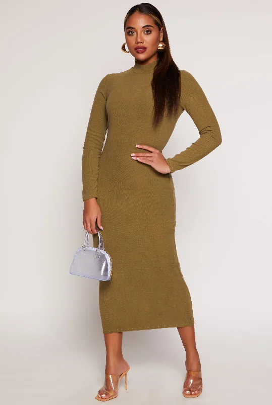 Ribbed Mock Neck Long Sleeve Midi Dress Must-have midi dresses for this season