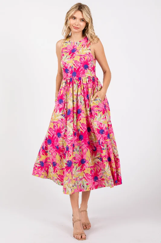 Pink Floral Sleeveless Smocked Back A-Line Midi Dress Boho midi dresses