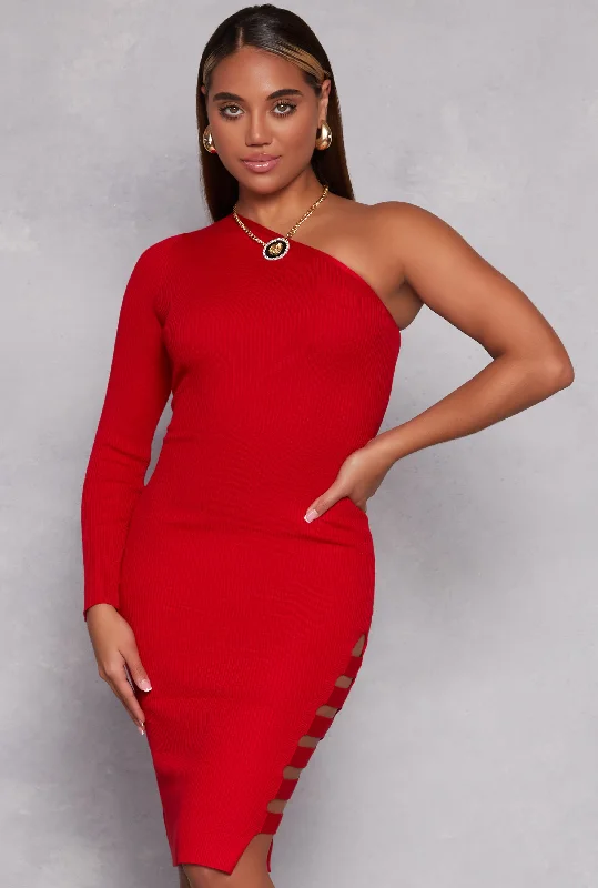 Ribbed One Shoulder Caged Side Detail Midi Dress Office midi dresses