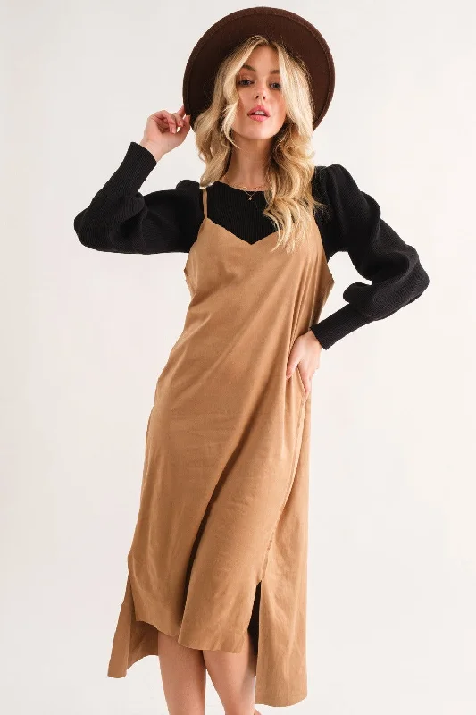 And The Why Faux Suede Cut Edge Slit Cami Midi Dress Stretchy midi dresses