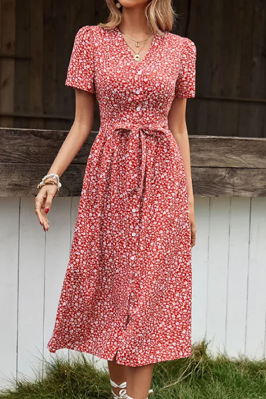 Ditsy Floral Button Front Tied Puff Sleeve Dress Cute floral print summer dresses