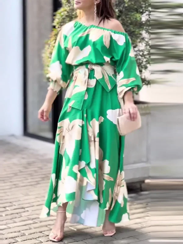 elegant commuter print lantern sleeve dress Vacation floral dresses