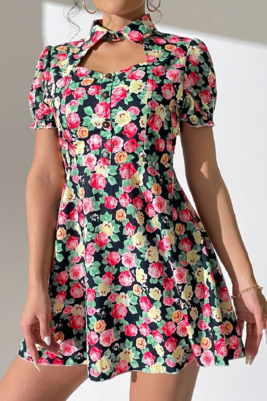 Floral Buttoned Cutout Puff Sleeve Dress Sexy floral print dresses