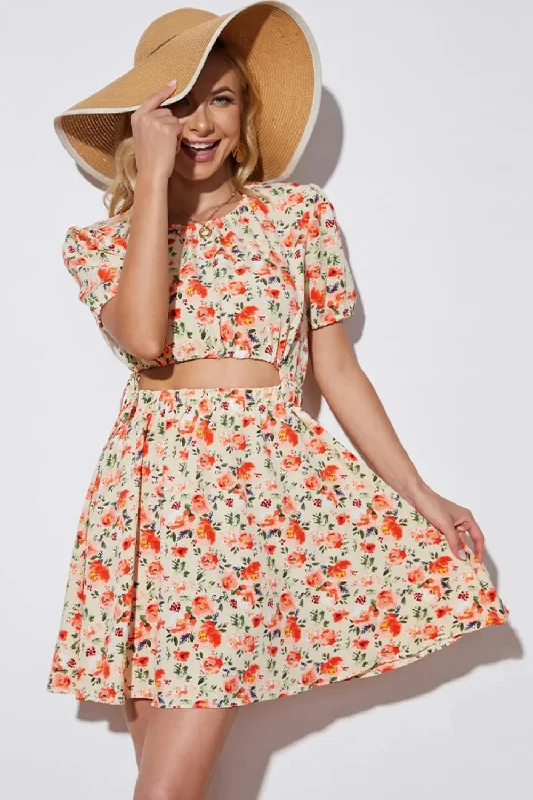 Floral Cutout Short Puff Sleeve Dress Must-have floral dresses for this season