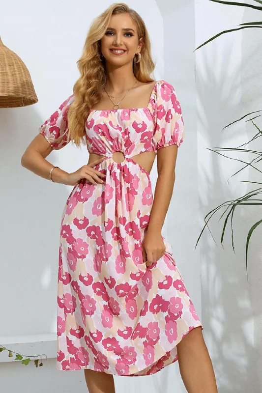 Floral Cutout Square Neck Puff Sleeve Dress Best floral dresses for outdoor weddings