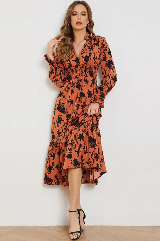 Floral Smocked Long Flounce Sleeve Dress Best floral dresses for casual outings