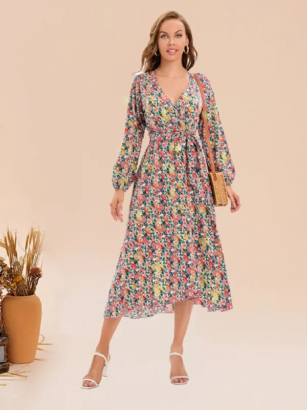 Blue Zone Planet |  Full Size Printed Surplice Long Sleeve Dress Plus size floral dresses