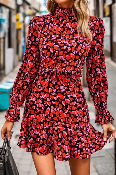 Blue Zone Planet |  Heart Printed Mock Neck Flounce Sleeve Dress Shein floral dresses