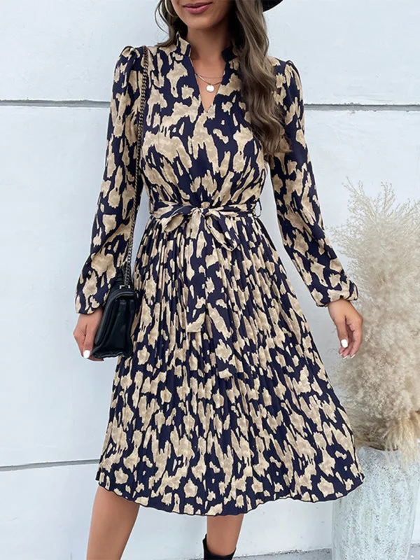 Blue Zone Planet |  Leopard Print Hem Pleated Long Sleeve Dress Organza floral dresses