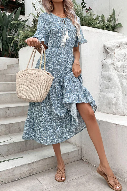 Printed Tassel Tie Flounce Sleeve Dress Luxury floral dresses