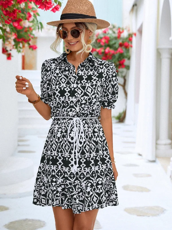 Printed Tie Waist Collared Flounce Sleeve Dress Best floral dresses for plus size