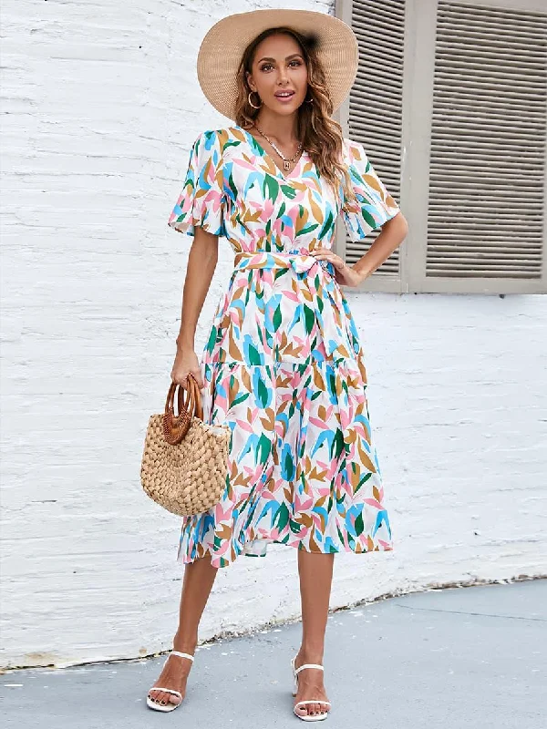 Printed Tie-Waist V-Neck Flutter Sleeve Dress Budget-friendly floral dresses