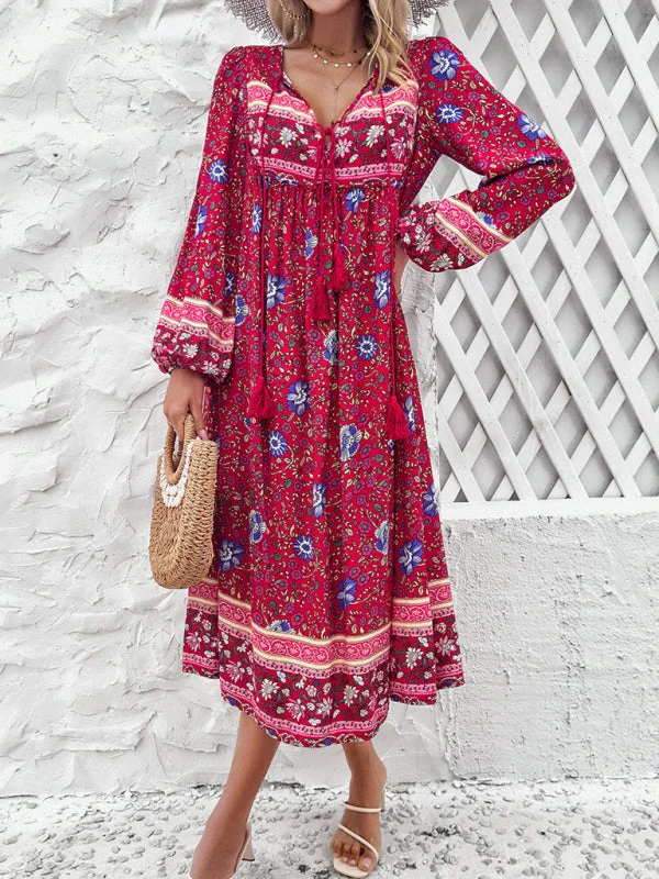 Blue Zone Planet |  Resort Printed Bohemian Long Sleeve Dress Summer floral dresses