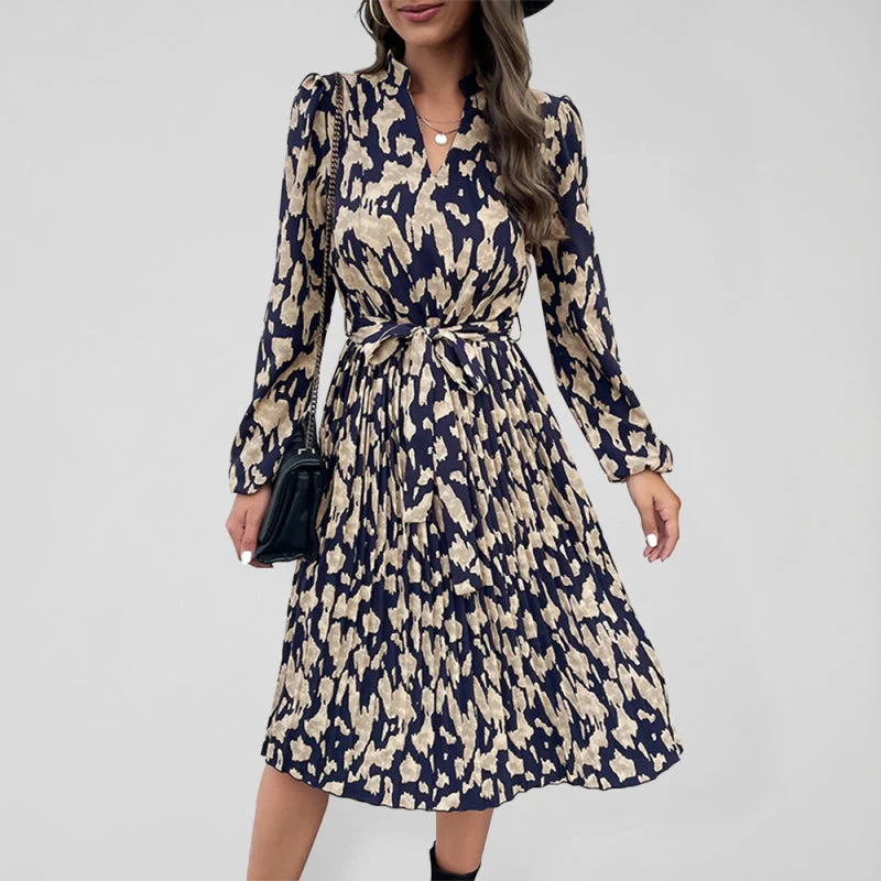 Blue Zone Planet |  Woven Pleated Print Long Sleeve Dress Silk floral dresses