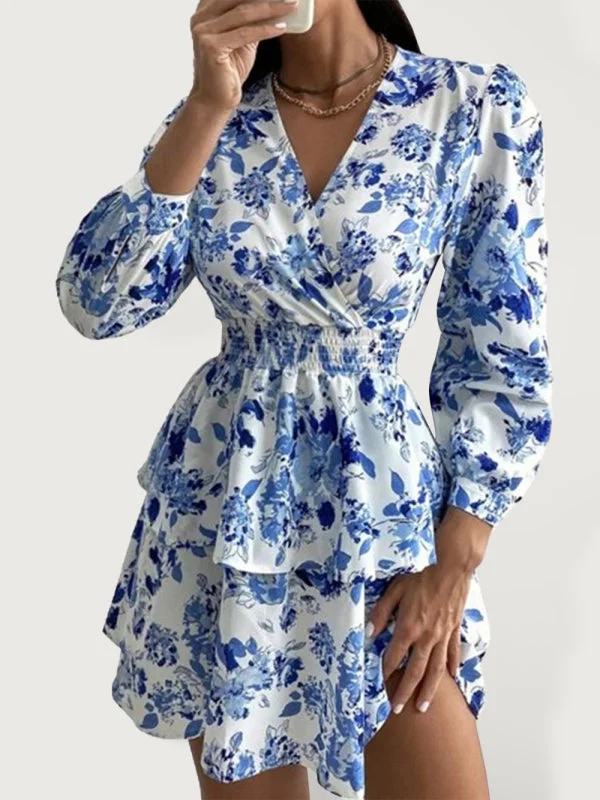 Blue Zone Planet |  Woven Print V Neck Pleated Long Sleeve Dress Casual floral dresses