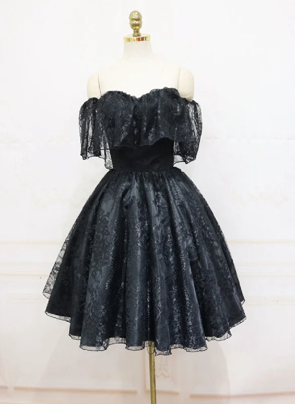 Black Lace Off Shoulder Homecoming Dress, Black Short Prom Dress Vintage Mini Skirt