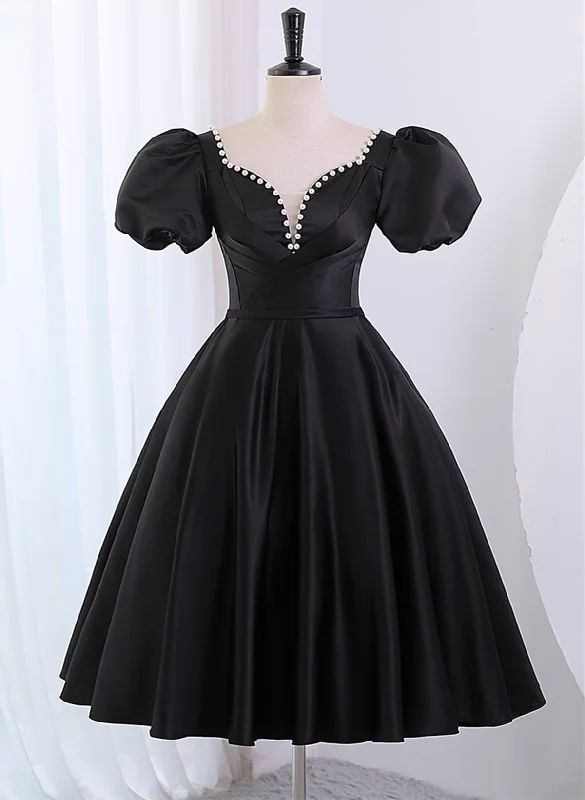 Black Satin Short Sleeves Homecoming Dress, Black Short Prom Dress Floral Print Skirt