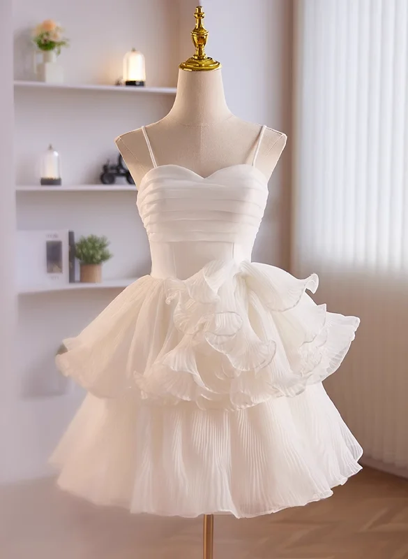 Cute White Tulle Straps Graduation Dress, White Tulle Sweetheart Short Prom Dress Printed Mini Skirt