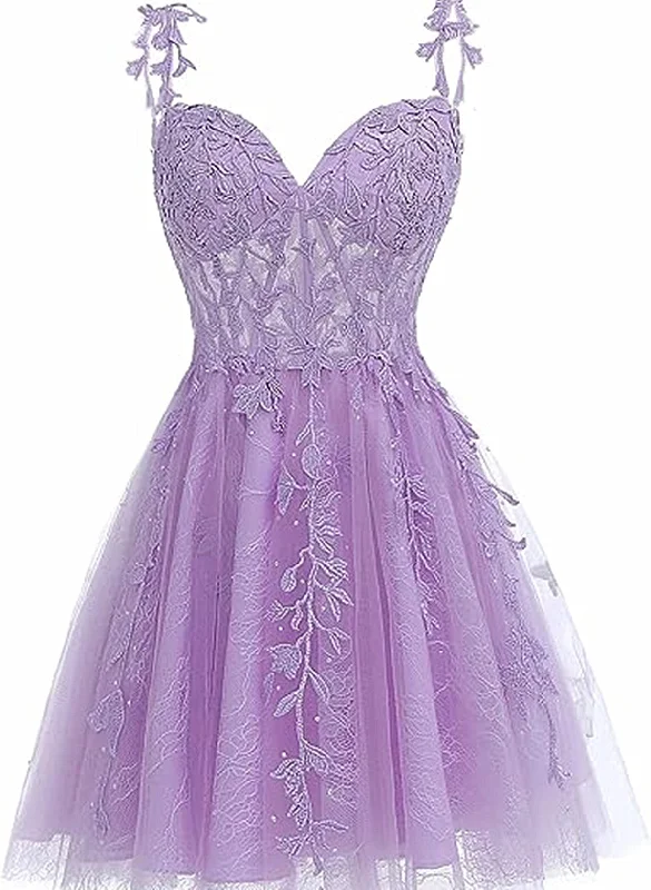 Lovely Short Tulle Sweetheart Straps Homecoming Dress, Lace Applique Short Prom Dress Comfortable Mini Skirt