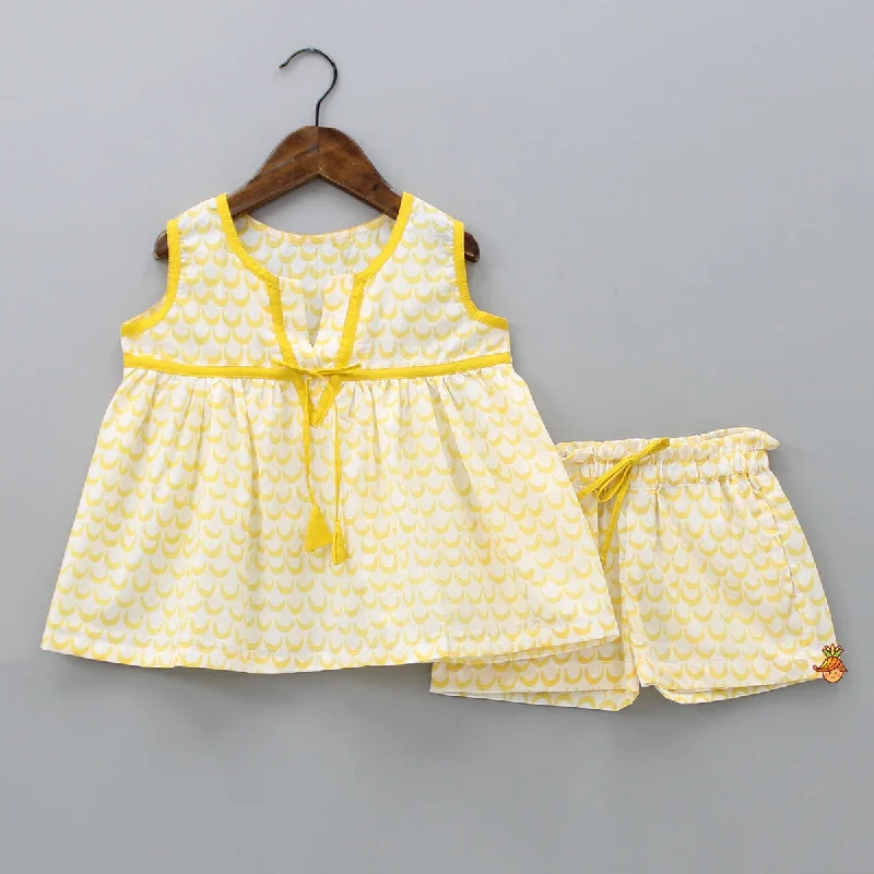 Moon Printed Yellow Top And Shorts Mini Skirt Outfit