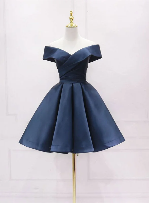 Navy Blue Satin Off Shoulder Short Graduation Dress, Blue Satin Prom Dress Lace Mini Skirt