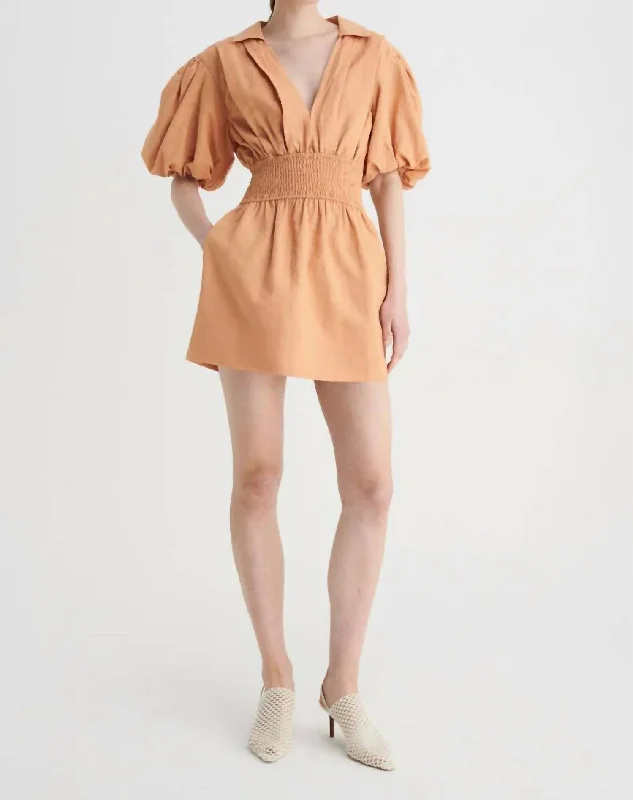 Skylar Shirred Waist Mini Dress In Tan Pleated Denim Skirt