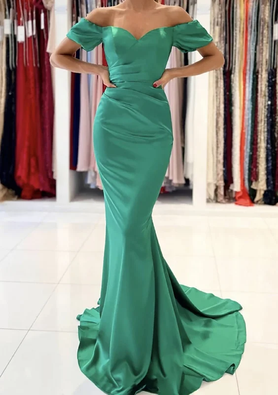 Trumpet/Mermaid Off-the-Shoulder Short Sleeve Satin Sweep Train Corset Prom Dress With Pleated Gowns Bodycon Mini Skirt