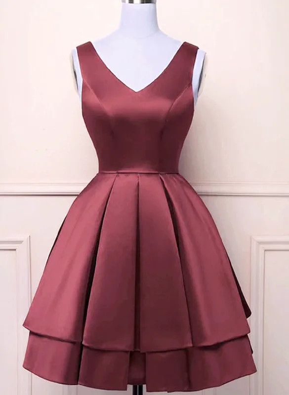 Wine Red V-neckline Satin Knee Length Homecoming Dress, Wine Red Short Prom Dress Mini Skirt Set