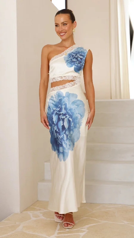 Emily One Shoulder Maxi Dress - Ivory / Blue Maxi Skirt Set