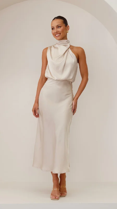 Esther Maxi Dress - Champagne Pleated A-line Skirt