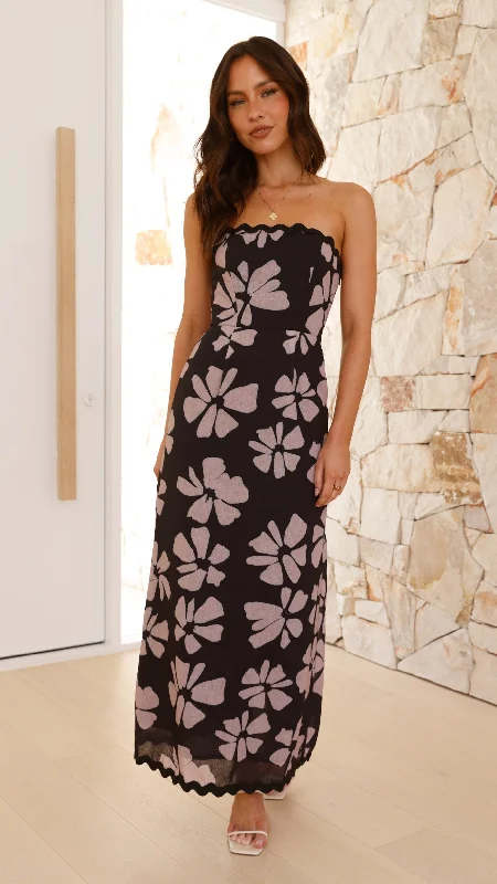 Indikah Maxi Dress - Black/Beige Floral Wrap Maxi Skirt