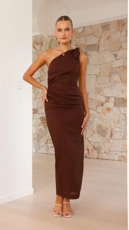 Nahilla One Shoulder Maxi Dress - Chocolate Embellished Maxi Skirt