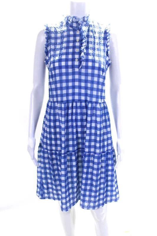 0039 Italy Womens Blue Gingham Ruffle Crew Neck Sleeveless Pompea Dress Best-selling unclassified dresses